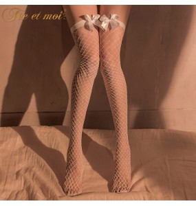 FEE ET MOI Bow Thigh High Net Stockings (White)